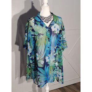 ERENA FLORAL TUNIC SHEER COLOR BLUE/GREEN SHORT SLEEVE SIZE 2X
